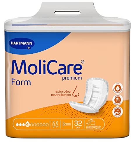 Molicare Forma premium 4 gocce, per una facile incontinenza: massima sicurezza, protezione extra contro le perdite e discrezione per donne e uomini, 4 x 32 pezzi