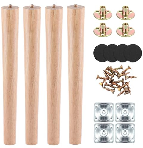MUXHEL 4PCS Wooden Furniture Legs 40cm Table Legs Wooden Legs for Furniture Desk Legs Pre-drilled Rubberwood Furniture Legs with Mounting Plates Screws & Rubber Protection Pad