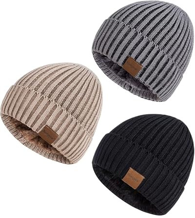Nertpow Beanie Mütze Herren Winter 3 Stück, Damen Herren Mütze Winter Warme Thermo Fleece Gefüttert, Beanie Herren Dick Stricken Modische Totenkopfmütze Beanie für Jungs(Schwarz+Grau+Khaki)