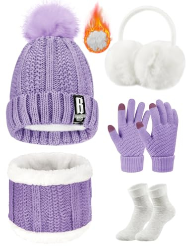 Voqeen Juego de 5 Piezas de Gorro y Bufanda de Punto Guantes de Pantalla táctil Guantes Orejeras de Felpa de Invierno Calcetines térmicos para Gorro de esquí Deportes al Aire Libre