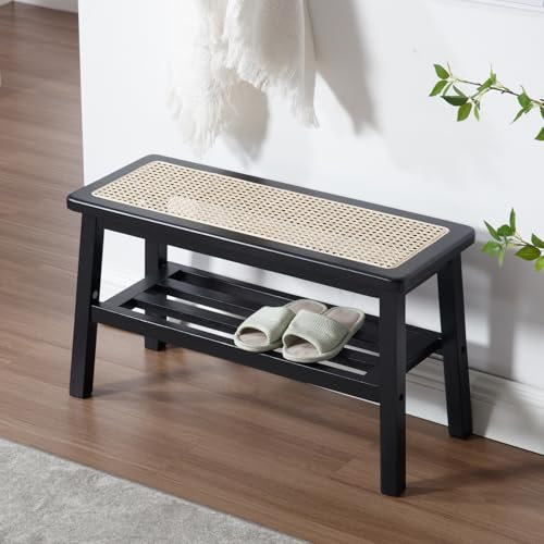 chairus Holz Küchenbank Sitzbank aus Rattan Schuhbank Sitztruhe für Flur Schuhregal für Wohnzimmer Eingangsbereich Bettbank Schlafzimmer (Schwarz)