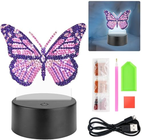 O-Kinee Diamond Painting Luce Notturna Farfalla,Diy LED Luce Notturna Per Pittura,Luci Notturne Per Bambini,5D Diamond Painting per Compleanni E Regali Di Natale Di 6-12 Anni Bambina