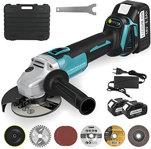 KEATFE Amoladora Angular, Diámetro de Disco 125 mm, Herramienta Eléctrica de Rectificado con Motor sin Escobillas para Cortar Azulejos Pulidos Madera Piedra Acero con Dos Baterías de 5500 mAh