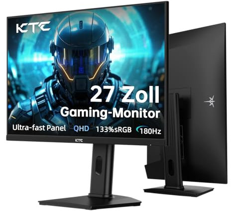KTC Gaming Monitor 27 Pollic, 2K@180Hz / 144Hz 1440P Monitor mit Fast-IPS Panel, 1ms GtG, HDR 400, Adaptive Sync, 450 cd/m², HDMI 2.0 x 2, DisplayPort 1.4 x 1, supporto per sollevamento e rotazione