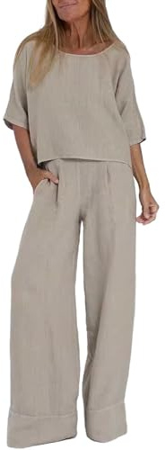 Linnedräkt Dam Sommar Elegant Sommar Lösa Träningsoveraller Plus Size Bomull Och Linne Avslappnad Skjorta Och Byxor Jogging Gym Sommardräkter Bekväm Andas Strand Hemma Kostym, Khaki, L
