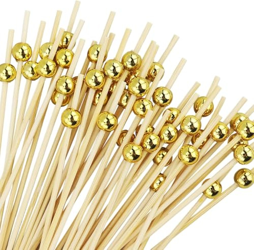 110 palillos de madera para cócteles, palillos de cóctel, palillos de dientes, palillos de cóctel, para pinchos de comida con los dedos, decoración de cócteles (12 cm, perlas doradas)