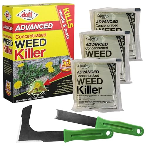 Doff Advanced Concentrated Weedkiller (3 Sachets Total) + 2 Weeding Tools – Glyphosate Weed Killer for Paths, Drives & Patios – Extra Strong Formula