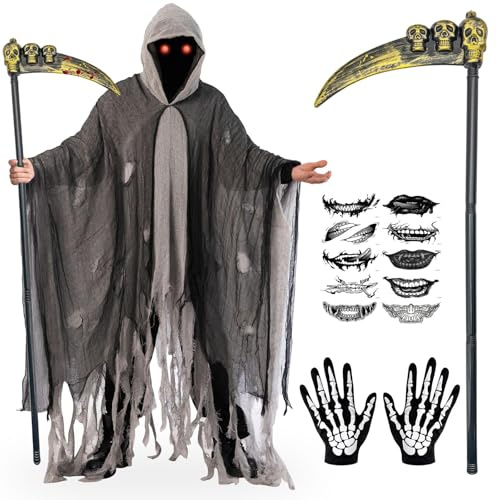 BITOYO Disfraz de Parca para Adultos, Disfraz de Fantasma Espeluznante de Halloween con Guadaña, Guantes de Esqueleto y Tatuaje, Conjunto de Disfraces de Reaper Para Halloween, Carnaval, Juego De Rol