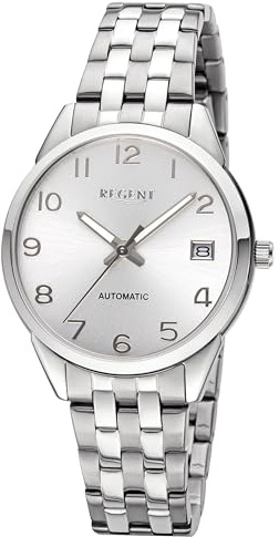 REGENT Reloj automático para mujer, acero inoxidable, esfera plateada, 5 bar, 35 mm F-1663