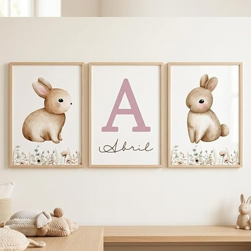 ONLYGUAY Set de 3 Cuadros Infantiles - Triptico Láminas Infantiles Personalizadas con Nombre e Inicial A3 Decoración Habitación Bebé Boho Nordico Animales Regalo Lienzo Sin Marco (Conejo Floral)
