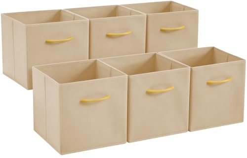 Collapsible Fabric Storage Cubes, Pack of 6 Foldable Boxes with Handles | Khaki 27 x 27 x 27 cm | Non-Woven Fabric | Open-Top Cube Shelf Baskets For Wardrobes, Toys, Clothes & Nursery
