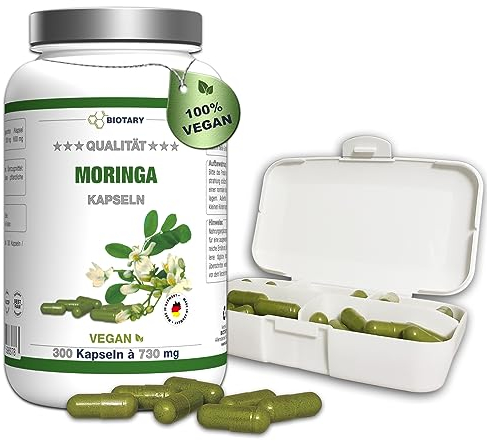 Moringa Oleifera 300 Kapseln, 1800mg Hochdosiert, 3-4 Monatsvorrat, inklusive Pillenbox, hochdosiert, 100% Vegan, rein pflanzlich, Laborgeprüft, Made in Germany