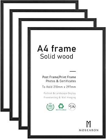 ATOBART A4 Holz Fotorahmen,4 Pack-21x30cm Schwarz Holz Bilderrahmen,Zertifikat Rahmen für Wandmontage oder Tischplatte Display,Set von 4