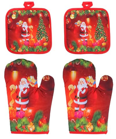 Cabilock 4 Stücke Weihnachten Ofenhandschuhe Topflappen Set rutschfest Hitzebeständige Topfhandschuhe Grillhandschuhe Backhandschuhe Weihnachten Deko für Zuhause Kochen Backen Grillen