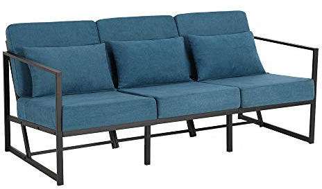 Mingone Divano 3 Posti in Tessuto Lino con Imbottito Design Moderno Divanetto con Braccioli con 3 Cuscini con Gambe in Metallo adatto a Soggiorni Camere da Letto Camere Degli Ospiti, Blu