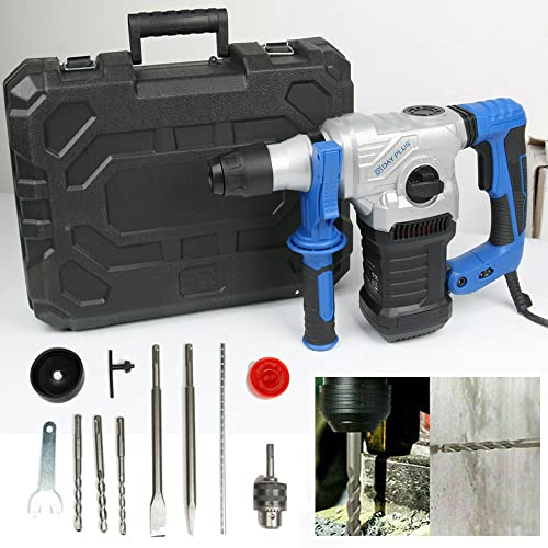 Taladro Percutor, Martillo Demoledor de 1500W, 6 Velocidades, Mango Giratorio de 360 ° y Mandril SDS Plus, Incluyendo Cinceles y Brocas, con Caja, para Hormigón, Metal y Piedra