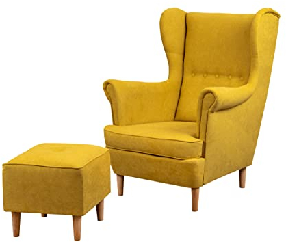 bonni Denver Ohrensessel + Fußhocker im skandinavischen Stil. Bequemer Großvatersessel auf hohen Beinen mit Fußhocker (Senf)