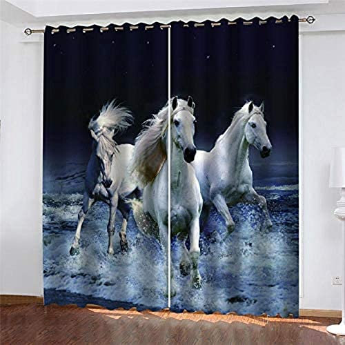 LRRSHOP Blau Verdunkelungsvorhänge, 140x240 cm 3D Drucken Tierisches Pferd Muster Isolierung und Perforation Plissee-Vorhänge für Wohnzimmer, Schlafzimmer, Kinderzimmer, Fensterdekoration, 2 Paneele