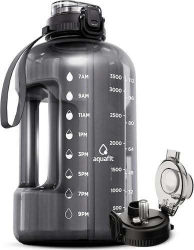 AQUAFIT 1 Gallon Water Bottle with Time Marker - Straw & Chug Lid - BPA Free Gym Water Bottle with Straw - Big Gallon Jug (Gray, 128 oz - 2in1 Lid)