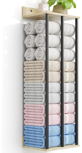 WeGXY Porte-Serviettes Mural avec Étagère en Bois - Rangement Salle de Bain Solide et Anti-Humidité - Installation Facile - Étagère Murale pour Serviettes, Gel Douche et Déco (Noir/Bois Naturel)