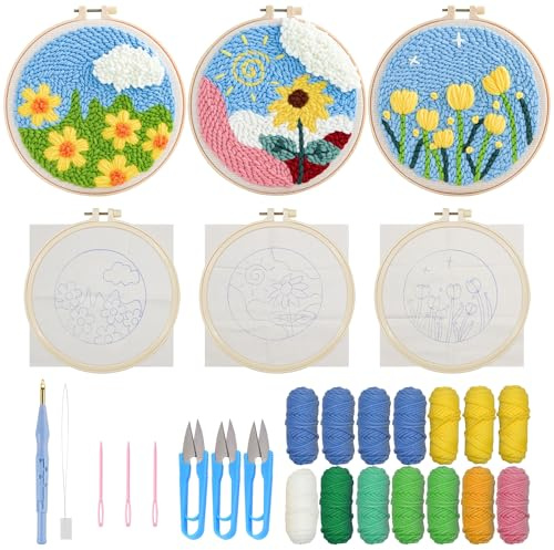 Allazone 3 Pz Punch Needle Kit Completo per Ricamo, Ricamo Starter Kit con Motivo de Fiori e Lstruzioni, Set da Ricamo per Principianti e Adulti