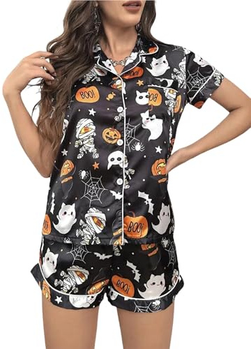 Acrawnni Women Halloween Silk Pajama Set Ghost Pumpkin Print Short Sleeve Button Closure Top with Shorts Sleepwear Loungewear (A-Black, S)