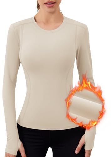 IECCP Women's Thermal Shirts Long Sleeve Running Shirt Athletic Compression Baselayer Winter Warm Tops Thumb Hole Shirt Bone L
