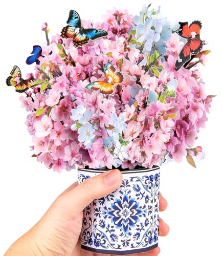 CNLITIHEKA Cherry Blossom Flower Bouquet Pop Up Card - with Butterflys, Pop Up Flower Bouquet Card, Get Well Cards for Women, 3D Pop Up Birthday Card, Anniversary Card - Includes Envelope And Note.