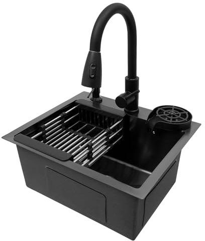 Evier Cuisine,45 * 40cm évier de Cuisine en Acier Inoxydable évier Intégré le Robinet Extractible 360° avec évier+Panier de Drainage+Distributeur de Savon Encastré