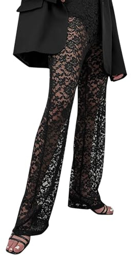 Generisch Mujer Encaje Transparente Cintura Alta Patchwork Pantalones Largos Rectos Pantalones Mujer 52, Negro , S