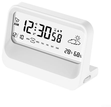 Sveglia digitale con ora, data, temperatura e visualizzazione del giorno, 3 sveglie indipendenti, luce notturna con snooze, portatile, alimentata a batteria, per camera da letto e viaggi (bianco)