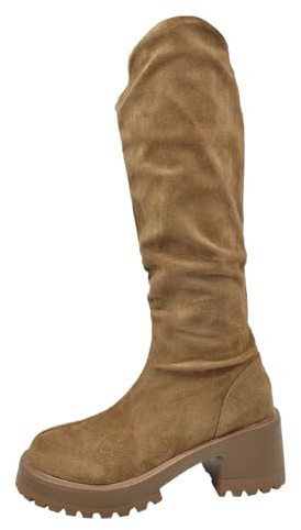 Generisch Women's Comfortable Ankle Boots, Winter Plain Knee High Boots with Buckle Closure, Long Shaft, Pointed Toe, Leather Boots, Elegant Warm Wide Shaft Boots, High Boots, khaki, 6 UK