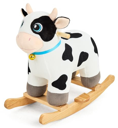 FUNLIO Cavallo a dondolo Mucca per bambini 1-3 anni, morbido e adorabile con testa soffice, occhi luminosi e campanello sonoro, cavallo a dondolo in peluche, facile da montare, certificato CPC