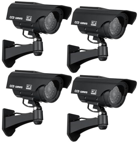 JUSTOP 4 Pack Dummy CCTV Camera Outdoor/Indoor Waterproof With Reality LED Light Solar Or Battery Powered Fake CCTV Cam With Warning Sign Stickers - Black