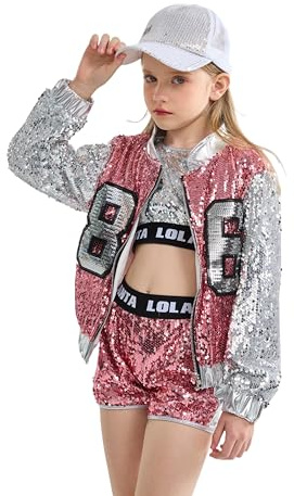 LOLANTA 4 Piezas de niñas Hip Hop Dance Costume Kids Lentejuelas Jazz Dance Clothes Set Calcetines adjuntos, Rosa, 8-9 años, 140