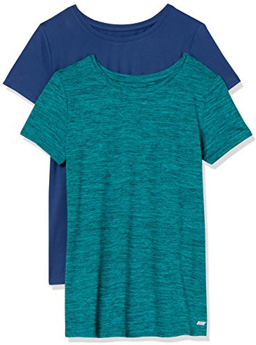 Amazon Essentials Women's Active Quick-Dry Tech-Stretch Short-Sleeve Sports, Gym And Workout Running Tops, Pack of 2, Blue/Teal Green Space Dye, M