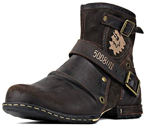 COWSDELLA Herren Stiefel aus Leder Rindsleder mit Gummisohle Biker Motorrad Boots mit Reißverschluss Klassisch 6.5 Männer Stiefeletten mit 0.98 Absatz