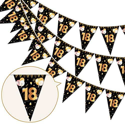 HOWAF 18 Cumpleaños Pancarta Triángulo Oro Negro para niñas y niños,18 Cumpleaños Banderines Decoracion,18 Guirnalda Feliz cumpleaños de cumpleaños para decoración de Fiestas, 7.4 x 10.8 Pulgadas