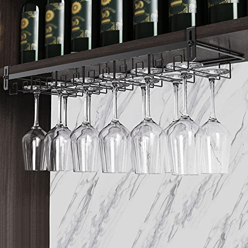 V3VOGUE 6 Reihige Gläserhalterung Hängend, Umgekehrter Weinglashalter, Edelstahl Stielgläser Halter, Weinglasregal Unter Schrank, Für Stielgläser – Glass Aufhängen Bar & Küche (Color : Black)