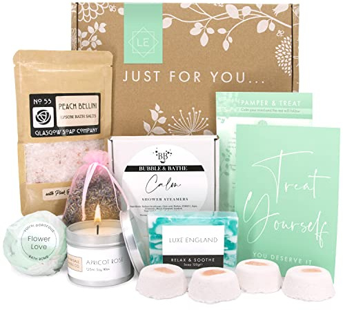 PAMPER & TREAT Gift Hampers For Women - All Occasion Gifts for Her Handmade in the UK by 6 Small Businesses: Shower Steamers, Candle, Bath Bomb & More - Gift Ideas for Women by Luxe England