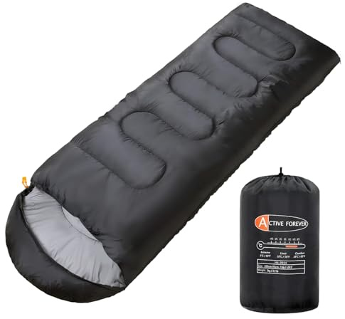 ACTIVE FOREVER Rectangular Sleeping Bag 3 Seasons - Lightweight Camping Sleeping Bags for Kids and Adults Indoor & Outdoor, Sleeping bag with Compression Sack for Hiking Backpacking, Black