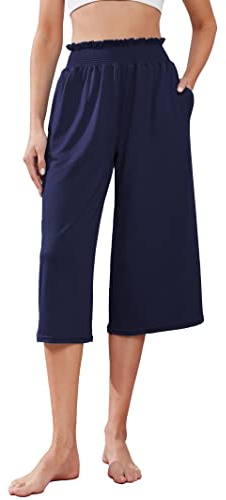 Famulily Ladies Summer Stretchy High Waist Cropped Trousers Yoga Wide Leg Lounge Pants with Pockets