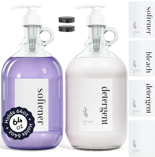 Homesphere Glass Laundry Detergent Dispenser - 2 Pack, 64oz, Glass Jar with Pump and Lid for Fabric Softener, Liquid Soap, Shampoo & Syrup, Leakproof Half Gallon Jug for Laundry Room Organization