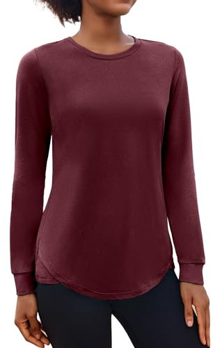 Pinspark Sportshirt Damen Langarm Workout Tops Frauen Rundhalsausschnitt Athletisch Casual Laufen Yoga Fitness T-Shirts Locker Herbst Weinrot XXL