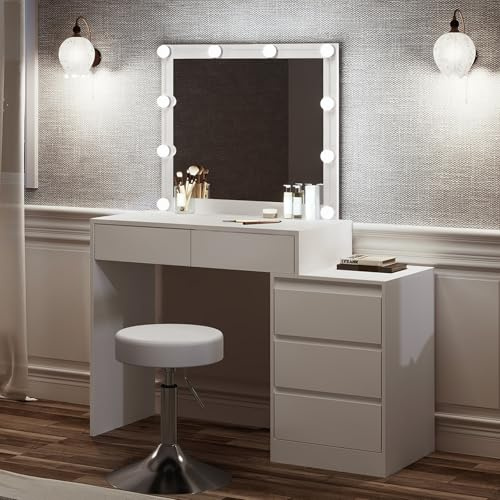 WOLTU Toiletta Trucco con Specchio e Sgabello Regolabile in Altezza, Illuminazione LED Dimmerabile, Postazione Trucco con 5 Cassetti, Cassettiera, Bianco, MB6116ws