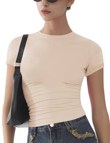 Womens Basic Short Sleeve Slim Fit T Shirts Soft Crewneck Crop Y2k Tees Summer Stretchy Cute Tops Beige S