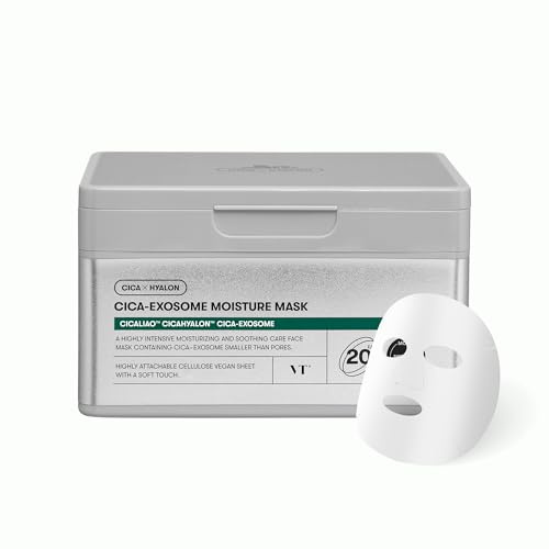 VT COSMETICS Cica-Exosome Moisture Mask 20 Sheets, Centella Asiatica & Hyaluronic Acid with Exosomes for Deep Hydration & Calming, Biodegradable Vegan Sheets, Korean Face Mask