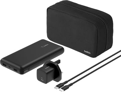 Belkin Portable Charger, 4-in-1 Power Bundle with 20000 mAh Power Bank, 25W USB-C Charging Block, 60W USB-C Cable, and Travel Pouch – Fast Charging for Multiple Devices, Compact Design for Travel