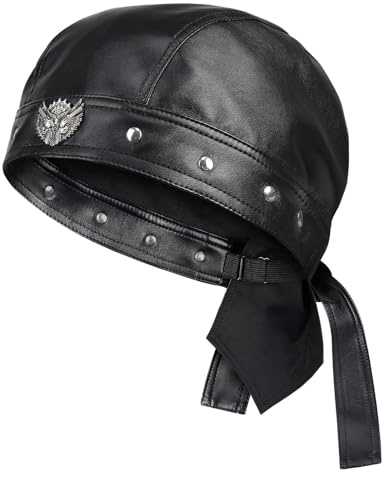 NTAWYT Leather Biker Hats for Women Cycling Skull Cap Adjustable Doo Rag Black Bandana