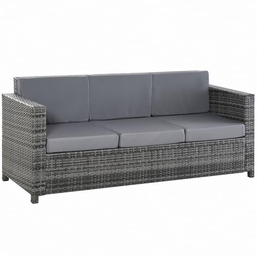 Outsunny Divanetto da Esterno 3 Posti in Rattan PE, Divano da Esterno con Cuscini Imbottiti e Sfoderabili, Struttura in Metallo per Giardino, Patio e Terrazzo, 185x70x80 cm, Grigio